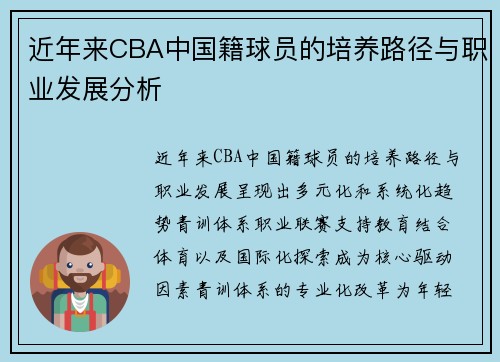 近年来CBA中国籍球员的培养路径与职业发展分析
