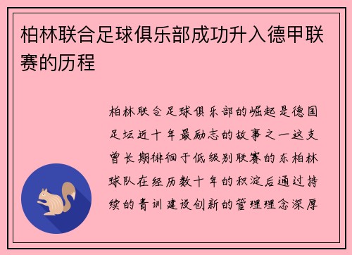 柏林联合足球俱乐部成功升入德甲联赛的历程